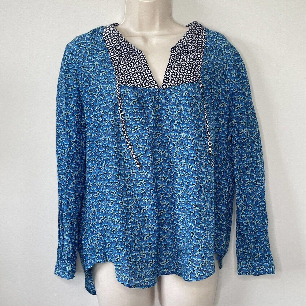 J.CREW Peasant Top Women's 10 Blouse Shirt "Blue FlowerPatch" Silk Blend #A2449